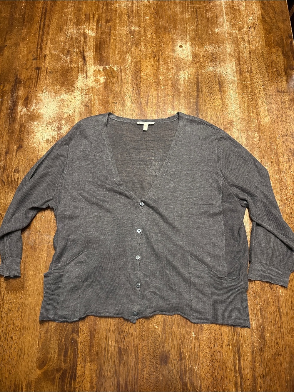 Eileen Fisher Quiet Luxury Minimalist Boxy Gray Linen Cardigan